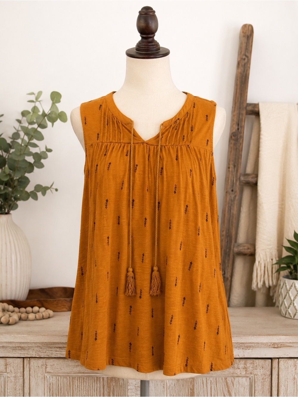 🌾 Sonoma Mustard Boho Tassel Tank | Cottagecore | Fall Earthy Vibes | Size L - Picture 2 of 8